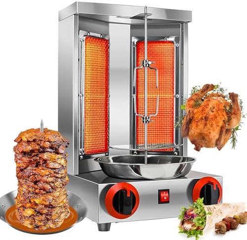 SAIYERUS Shawarma-Grillgerät, max. 300 °C, 5 kg Fassungsvermögen, Hähnchen-Shawarma-Kocher mit 2 Brennern, Edelstahl, Propangas-Vertikal-Gyro-Drehspießofen für Privathaushalte und Gewerbe,110V