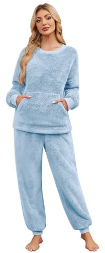 Niwicee Pigiama Donna Invernale Due Pezzi in Pile,Set Pigiami da Notte Felpato Top Manica Lunghe e Pantaloni Lungh con Tasche Pigiama Caldo da Casa per Lounge e Sleepwear S-XXL