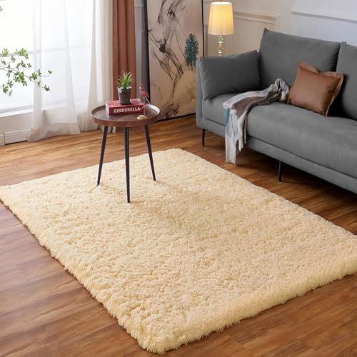 Ceneco Fluffy Rugs Living Room, Small Beige Rugs for Bedroom, Washable Non Slip Kids Rug, High Pile Shaggy Carpet,Square Bedside Rug, Soft Area Carpet for Lounge Office(Beige, 60x120 cm)