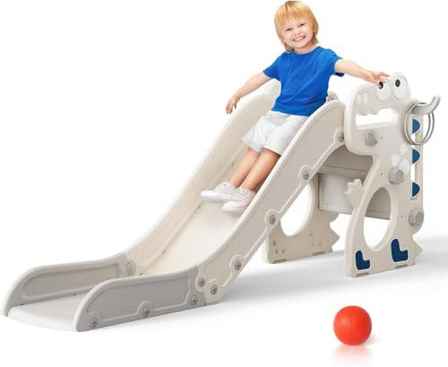 Toboggan pour enfants, grand toboggan pour enfants, avec panier de basket, cadre d’escalade pour jardin, télescope, espace pour 1-3 ans