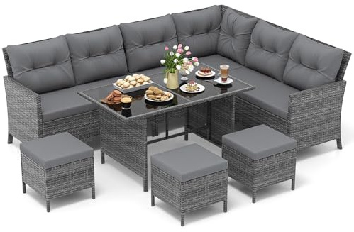 COSTWAY 9 Seater Rattan Garden Furniture Set, Patio Corner Sofa Set with Chairs, Footstools, Tempered Glass Dining Table & Cushions, Sectional Wicker Outdoor Conversation for Balcony Yard (Grey)
