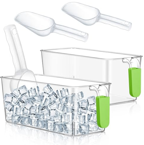 Havawish Ice Storage Bin and Flexible Scoop Set Plastic Freezer Bin with Pull Out Handle Storage Bucket Clear for Container with Scoop(Green,10.83 x 4.92 x 4.33 in,Classic)