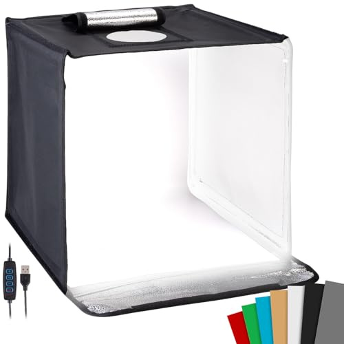 Somikon Fotobox mit Hintergrund: Fotobox zum Fotografieren, faltbar, mit LED-Licht, 60 x 60 x 60 cm (für Zuhause, mit Helligkeit)