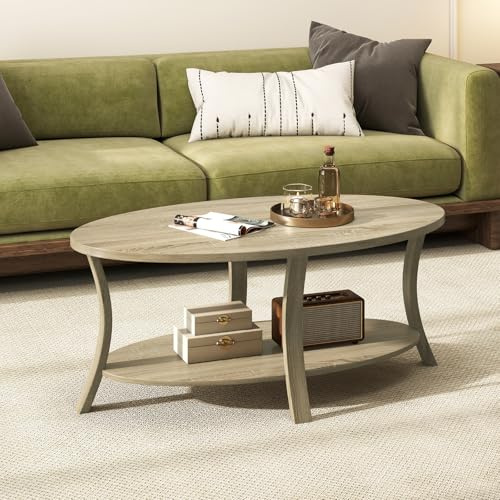 COSTWAY Table Basse Bois Ovale 2 Niveaux, Table de Salon en Bois d'Hévéa, Étagère de Rangement, Style Rustique, pour Salon, Chambre (Chêne)