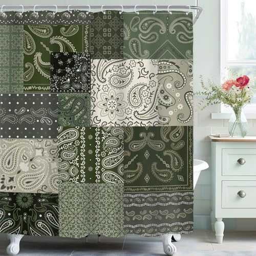 Riyidecor Boho Paisley Floral Shower Curtain for Bathroom Decor 60Wx72H Green Patchwork Vintage Retro Mandala Indian Bohemian Flowers Art Printed Fabric Polyester Waterproof 12 Pack Plastic Hooks