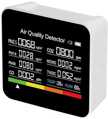 Gettimore Misuratore della qualità dell'aria con TVOC HCHO PM2.5 PM10 Rilevamento di temperatura e umidità, monitor dell'aria portatile 9 in 1 per interni per casa e ufficio
