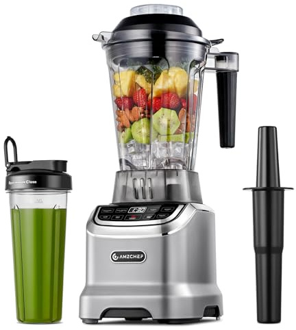 AMZCHEF Blender Smoothie Maker with Two Ways, 1800W Blenders for Kitchen with Smart Panel Control, 3 Speed Control & 4 Preset Settings, 1.85L Jug & 600ml Portable Bottle