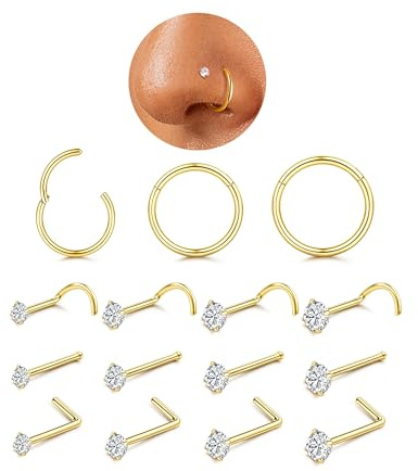YADOCA 15 stycken näspiercing, guld, kirurgiskt stål, allergivänligt, näspiercing, guld, näsbult, zirkon, näsring, näsring, näsring, näsring, näsring, näsring, näsring, näsring, piercing, smycken, 18