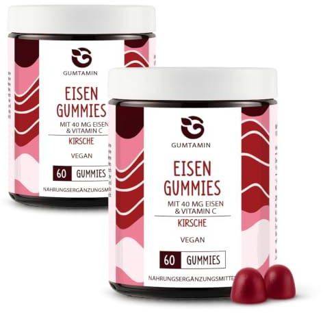 Gumtamin Eisen Gummibärchen mit Vitamin C – hochdosiert mit 40 mg Eisen – vegan – 60 Gummies – zur Ergänzung der Eisenversorgung (Packung mit 2)