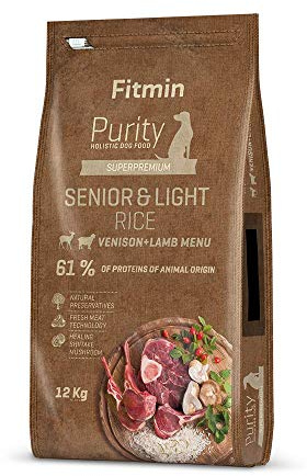 Fitmin dog Purity Rice Senior & Light Venision & Lamb | Hundetrockenfutter | Komplettfutter mit verringertem Energiegehalt | Ideal für übergewichtige Hunde und Senioren 12kg