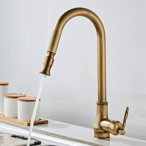YAWEDA Antique Brass Kitchen Faucets Pull Out Spray Head Hot Cold 360 Degree Swivel Sink Faucet Water Mixer Pull Down Mixer Taps Single Handle Retro Style,Antique Brass
