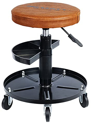 HASKYY - Taburete de Taller con Ruedas, Altura 430-580 mm, diámetro 40 cm, Revestimiento de Gel, para Taller, 135 kg, 2 estantes