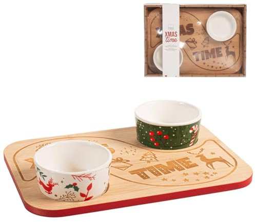 H&H Natale Set Antipastiera 2 Coppe Porcellana, Base Bambù, 28X20cm