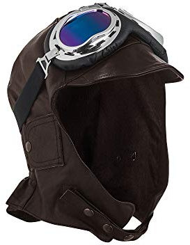 BLUETECH Cabriohaube Cabriomütze Fliegerhaube Oldtimermütze Leder in Braun inkl. Panorama Brille Herren Damen Unisex - L Nack