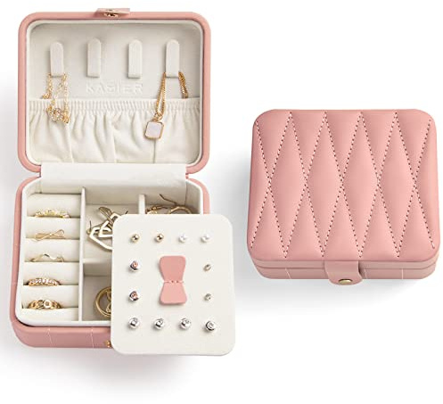 KAMIER Boîte à bijoux de voyage, Boîte à bijoux portable en cuir matelassé pour femmes et filles, petite boîte à bijoux pour colliers, bracelets, boucles d'oreilles et bagues.rose