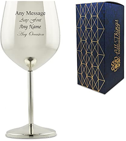Personalised Engraved Metal Silver Wine Glass, Personalise with Any Message for Any Occasion, Stylize with a Variety of Fonts, Gift Box Included, Laser Engraved