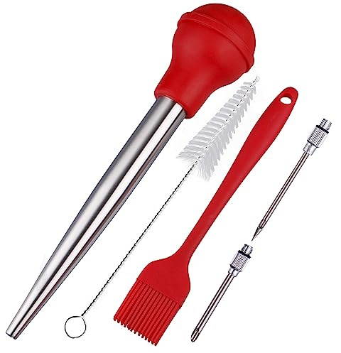 Kalsreui Turkey Baster, 18/8 Stainless Steel Turkey Baster Syringe for Cooking, Meat Injector Baster Set with 2 Needles & 2 Cleaning Basting Brush, Baster for Flavor Meat Poultry, Beef&Chicken Red