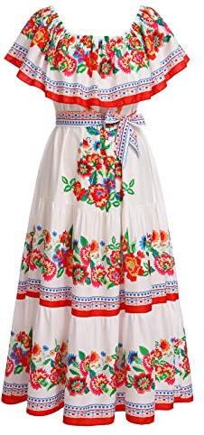 FYMNSI Robe Mexicaine Femme - Épaules Dénudées - Longue Florale - Plage, Soirée, Loisirs, Fête - Taille S à 3XL, Blanc., S