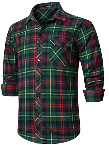 HISDERN Camicia da Uomo in Flanella Scozzese Casual a Maniche Lunghe Camicie abbottonate Scozzesi a Quadri Rosso/Verde S