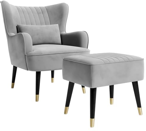Vesgantti Samt Sessel Set, Moderne Relaxsessel mit Hocker und Holzbein, Loungesessel mit Armlehnen, Ohrensessel für Wohnzimmer Schlafzimmer Hocker und Sessel Werden separat versandt