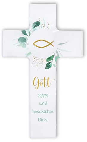 FRITZ COX Cruz de madera pez | Dios bendiga y te protege, regalo cristiano para niños, 15 cm