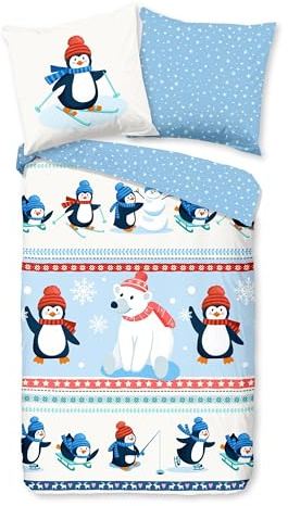 Traumschloss Comfort Flanell Bettwäsche »Penguins«, Pinguine und Eisbär im Winterland, Schneeflocken, 135x200 & 80x80, 100% Baumwolle, wärmend & kuschelig, mit Reißverschluss, Kissen und Bettbezug
