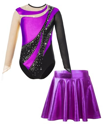 Oyolan Mädchen Turnanzug Balletttrikot Gymnastikanzug Langarm Tanzbody mit Rock Tanzoutfit Wettkampf Trainingsanzüge Violett 134-140