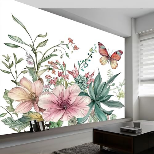 Carta da Parati 3D Murale 250 x 175 cm (L x A), Carta da Parati Fotografica Fiori di Piante Tropicali Ad Acquerello Fiori, Carta da Parati Decorativa Piante Ad Acquerello, per Camera da Letto