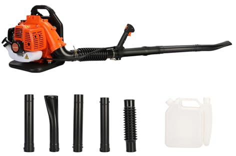 Benzin Laubbläser Rückentragbar, 52CC 2-Takt Rückenlaubbläser, Laubsauger mit Anti-Vibrations System, Manueller Start 1,25KW, Tragbar Laub Bläser für Terrassen Gärten (Orange)