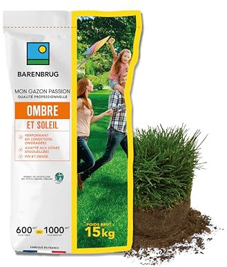 BARENBRUG - Gazon Ombre et Soleil - Performant en Conditions Ombragées - Adapté aux Zones Ensoleillées - Fin et Dense - Pour Végétaliser des Petits Jardins Urbains - Fabriqué en France - 15KG