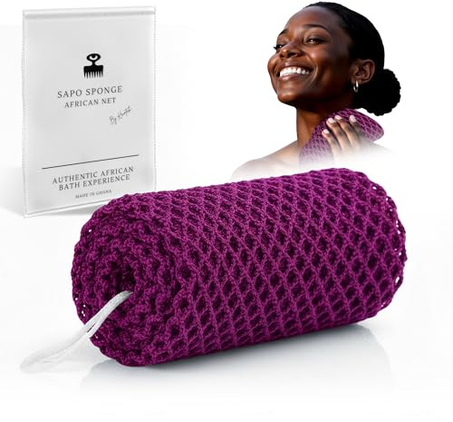 Äkta afrikansk nätsvamp från Ghana med upphängningssnöre Lång peelingvamp för kropp och rygg Duschsvamp Perfekt för daglig kroppsvård (Lila)