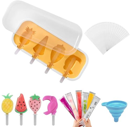 Moldes Helados,4 Cavidades Moldes de Helado,10 Piezas Bolsas Para Helados,Molde Helado Silicona Sin Bpa,Moldes Para Hacer Helados Reutilizable,Para Paletas y Helados Caseros,Con Embudo de Silicona