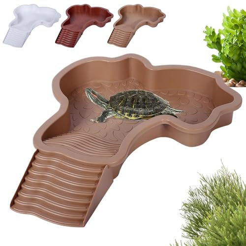 Tortoise Bath Dish, Tortoise Water Dish with Anti-Slip Ramp, Reptile Food and Water Bowl Bath With Ramp, Drain And Basking, Reptile Feeding Box Dish, Aquarium Ornament For Backyard, Balcony (Coffee)