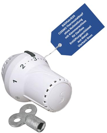 BADfabrik24 Thermostatkopf ohne Nullstellung mit Klemmanschluss + 5 mm Entlüftungsschlüssel Metall – 1 Stück Heizkörper Thermostat Set für einfache Montage & präzise Temperatureinstellung