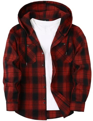 ZITY Mens Plaid Shirt with Hoodie Long Sleeve Men's Checked Flannel Shirt Casual Button Down M-3XL Red Black