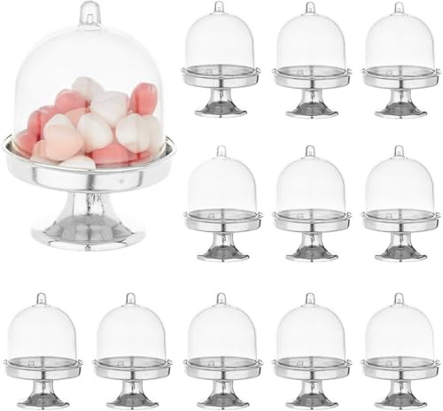 Cosiesnest Confezione da 12 mini alzate per torte con coperchio trasparente a cupola, in plastica, per dessert, cioccolatini e macaron, ideali per ricevimenti di nozze, compleanni, eventi del tè e