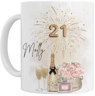 21st Birthday Gift for Girls Her - Personalised 21st Birthday Mug, Champagne & Flowers 21 Design, White Ceramic
