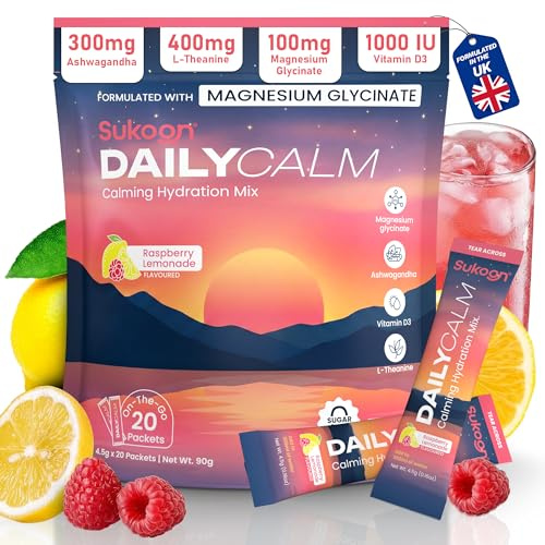 Sukoon Dailycalm Powdered Drink Mix, Cortisol Reducer and Sleep Aid Supplement, Magnesium Glycinate L-Theanine, Ashwagandha, Vitamin D3, No Sugar, Non GMO, On The Go, 20 Servings, Raspberry Lemonade