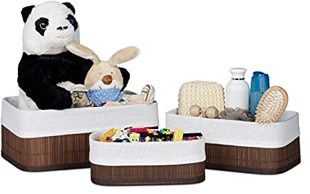 Relaxdays förvaringskorg 3-set, tygöverdrag, bambu, rektangulär, bad, accessoarer, leksaker, allroundkorg, färgval