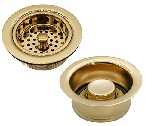 Westbrass D2165-01 4-1/4 OD Post Style Large Kitchen Basket Strainer with Waste Disposal Flange and Stopper Drain Set, Polished Brass