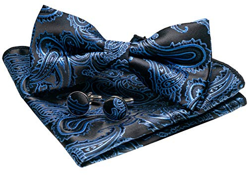 JEMYGINS Papillon Uomo Blu scuro Paisley Design Regolabile in Diversi Colori Partito cena di gala con Fazzoletto e Gemelli
