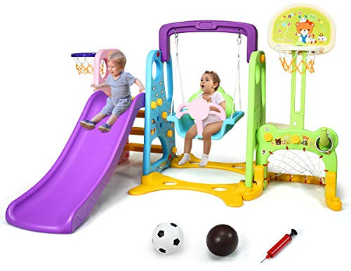 COSTWAY 6 en 1 Parque Intantil con Tobogán,Columpio y Canasta Baloncesto Centro de Juegos para Niños para Jardín Hogar Exterior Interior