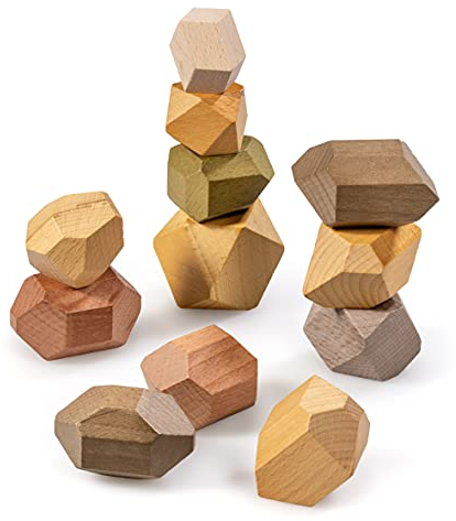 digitCUBE naturling Balancier Stapelsteine - Montessori Holzspielzeug handgemacht - 12 Bunte Holz Spielsteine für Kinder & Erwachsene