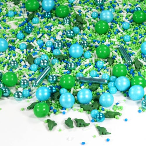 Sprinkles Dino Park Mix 180 g de la marque STREUSEL GLÜCK Décoration de gâteau dinosaure blanc, vert, bleu, saupoudreuse de sucre multicolore, parfait pour anniversaire d'enfant, garçon