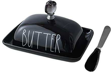 Oskas Funny Decorative Black Porcelain Skull Knob Butter Dish with Lid and Knife, Butter Keeper with Cover for East West Coast Butter