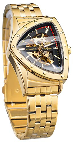Triangulär guldsköld automatisk mekanisk klocka, överdimensionerad urtavla helt ihålig urtavla, automatisk rörelse, 20 mm bred mjuk silikonrem, stark och hållbar, Guld, armband