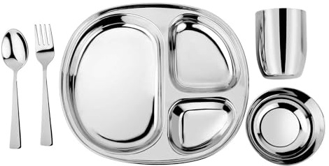 Ahimsa Stainless Steel Kids Dinnerware Set, Classic Stainless, 5-Piece Set