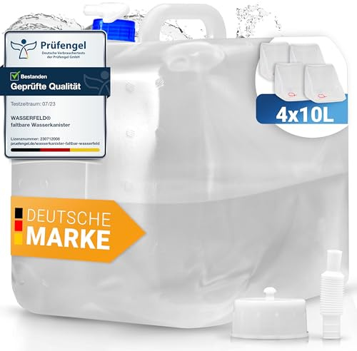 WASSERFELD ® [10L - 20L Wasserkanister Faltbar inkl. auslaufsicherem Dosierhahn & Tragehenkel - Robuster Trinkwasserkanister mit Verschlussklappe - Auslaufsicherer Wasserbehälter