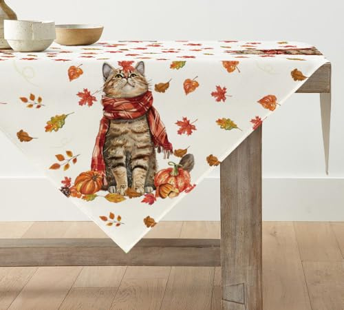 Artoid Mode Katze Kürbisse Ahornblätter Herbst 85x85 cm Tischdecke | Saisonal Fall Tischwäsche Küche Tisch Dekoration Drinnen Urlaub Party Dekor