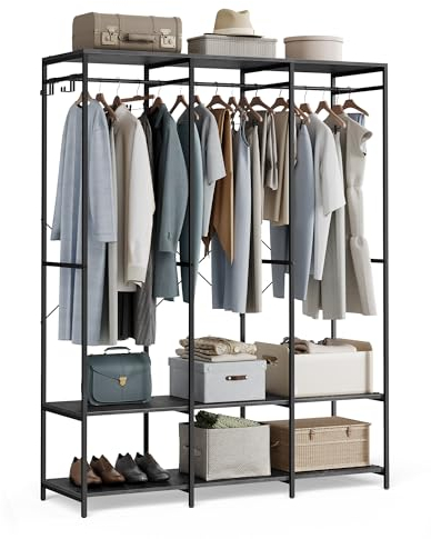 SONGMICS Kleiderschrank offen, Kleiderständer, Garderobenständer, Garderobe mit Kleiderstange, Ablagen, abnehmbare Haken, 40 x 141 x 180 cm, ebenholzschwarz RGR005B56